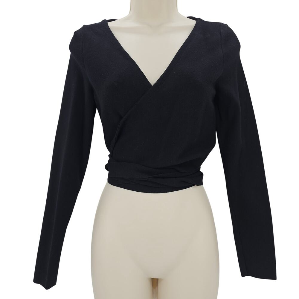 Alice + Olivia Womans size L Ballet Long Sleeve True Wrap Tie Sweater Top Black